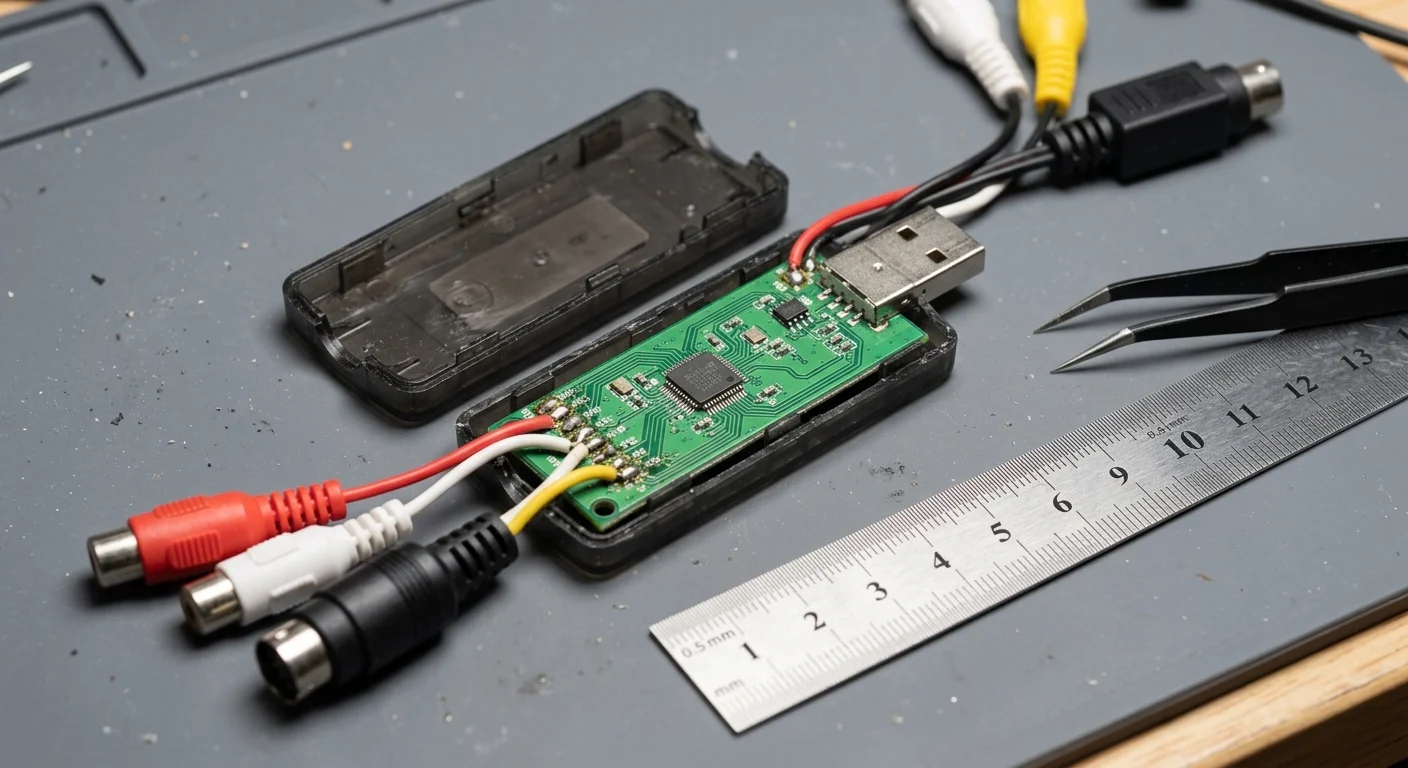 Disassembled USB video capture dongle showing the exposed green circuit board beside its plastic casing and RCA cables.