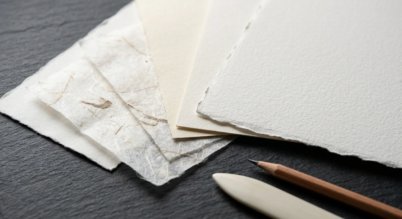 Fanned sheets of deckle-edge paper and fibrous mulberry paper resting beside a bone folder and pencil on dark slate.
