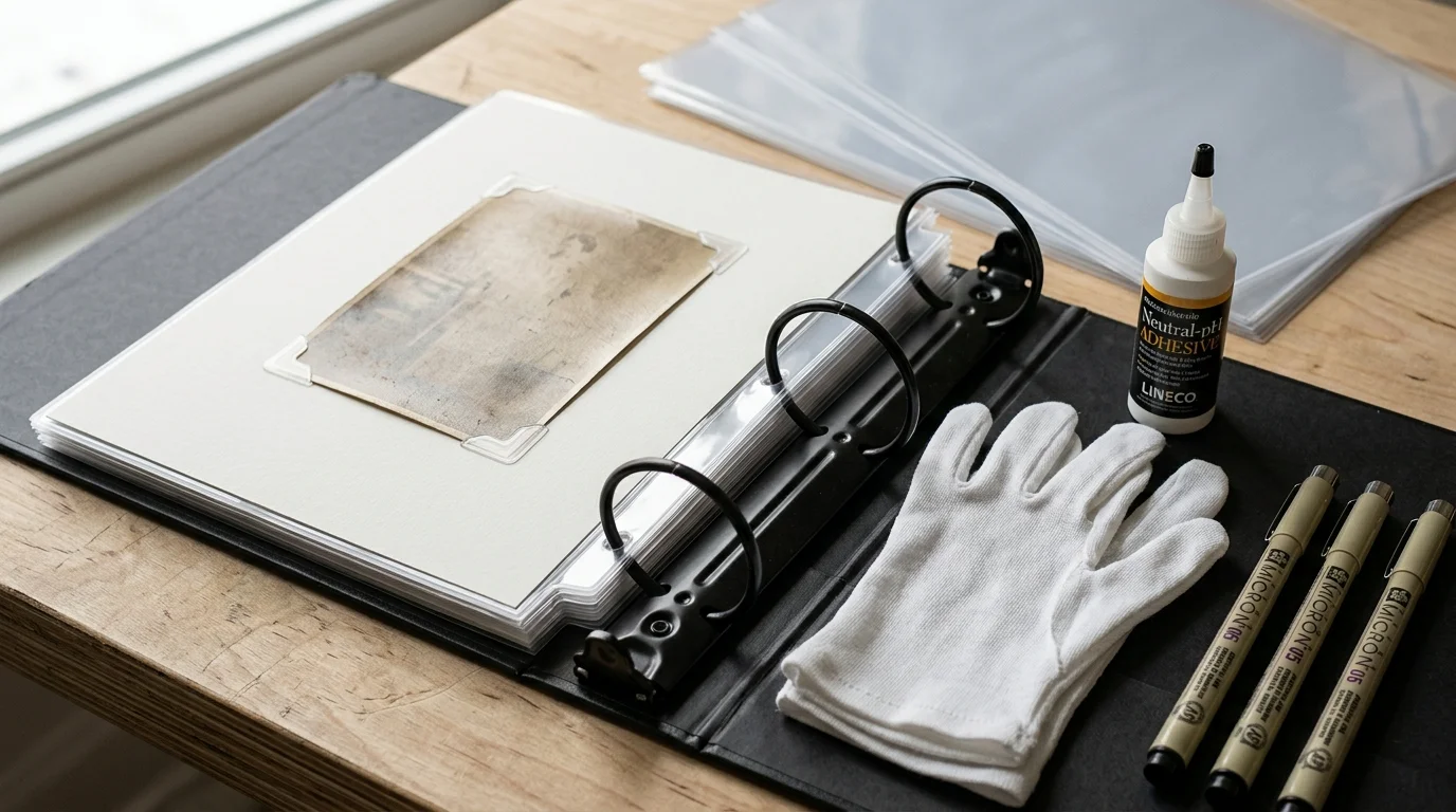 Open black three-ring binder on a wooden desk with an archival photo, white gloves, adhesive, and pens.