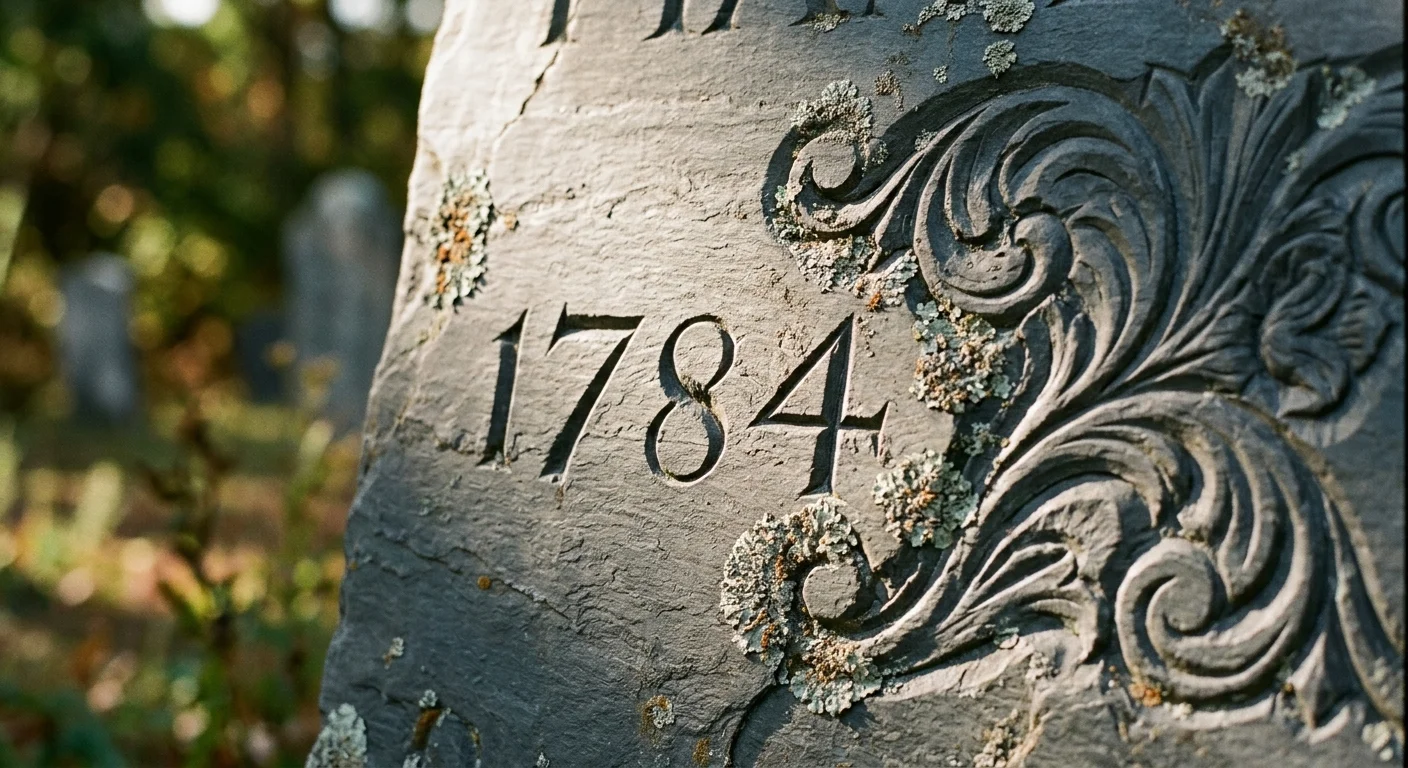 Close-up of a weathered slate headstone carved with the year 1784, ornate scrollwork, and patches of lichen.