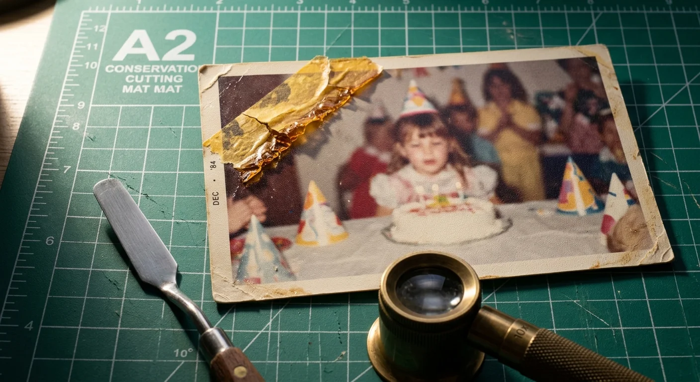 Vintage birthday party photo with peeling yellowed tape on a green cutting mat beside a spatula and loupe.
