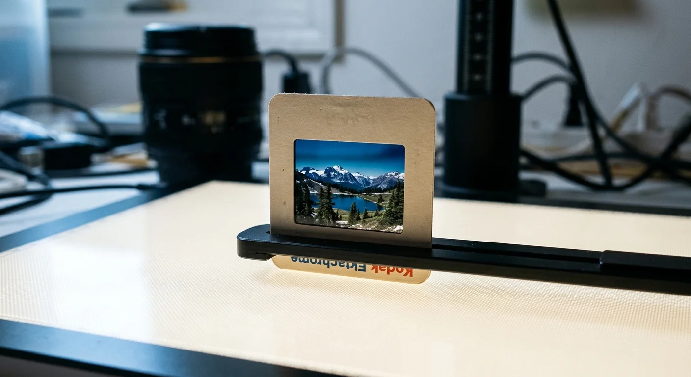 A mounted 35mm slide held above an illuminated light panel by a black slide holder on a desk.