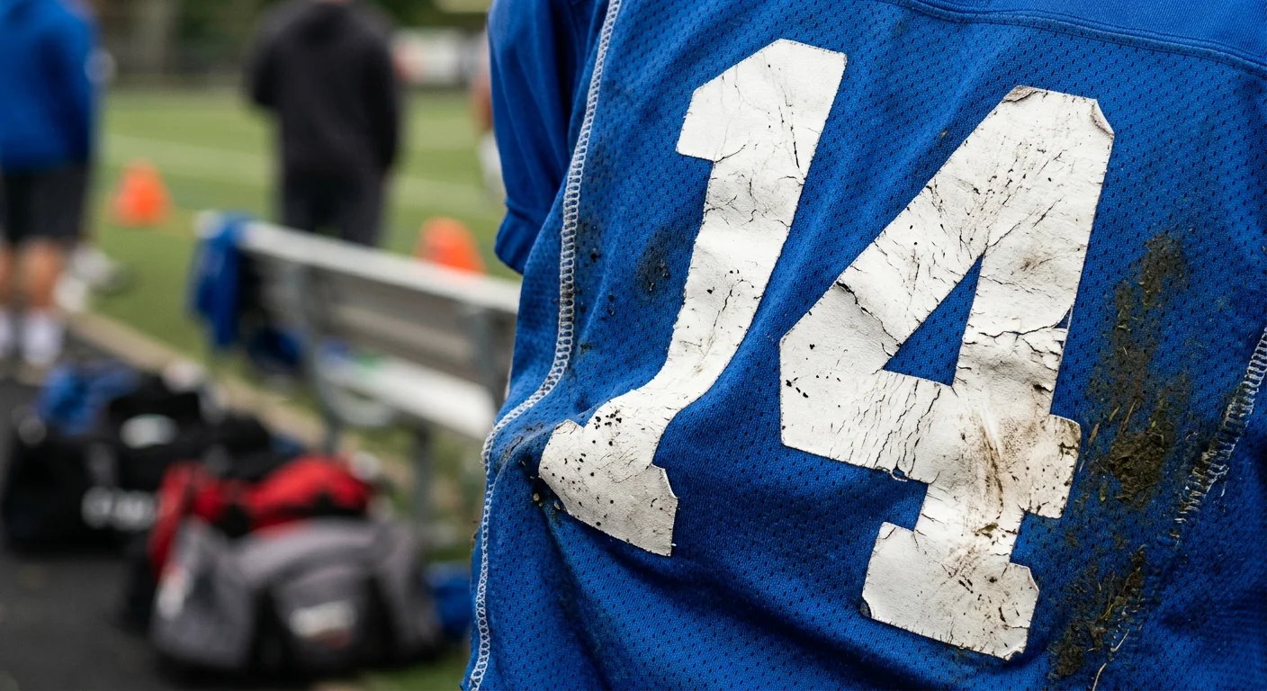 Close-up of the back of a blue sports jersey showing a cracked, dirty white number 14 beside a team bench.