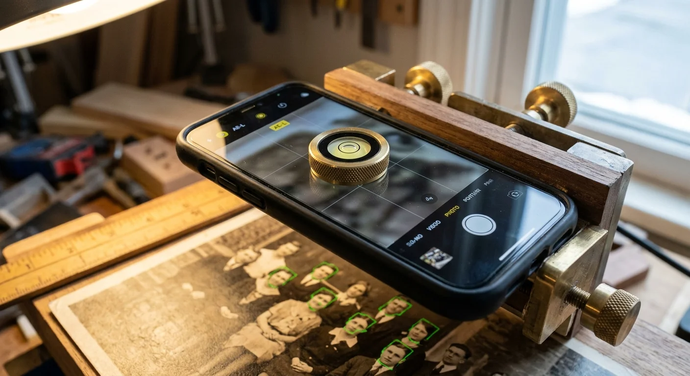 Smartphone clamped in a wooden jig over an old group photograph, with a round brass bubble level resting on the screen.