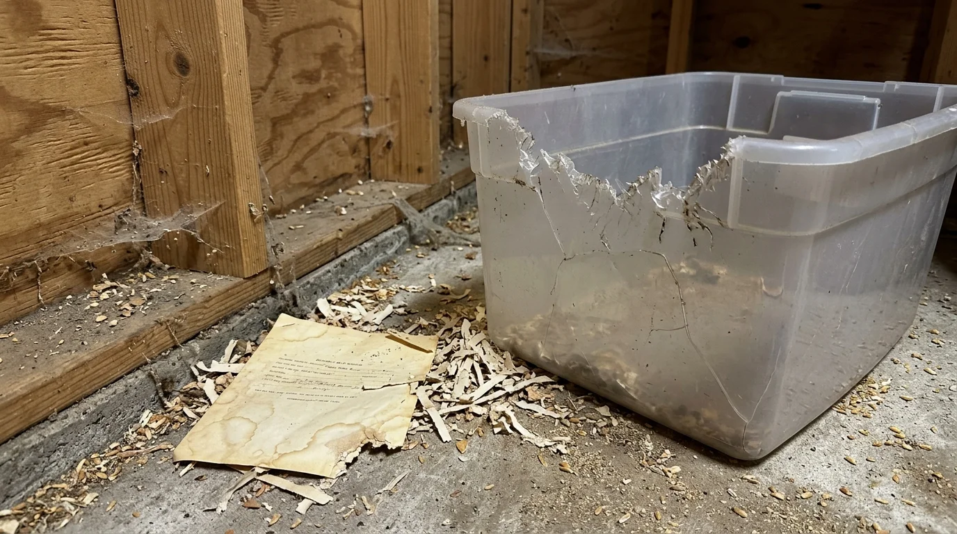 Clear plastic storage tub with a gnawed, broken rim sitting on a concrete floor next to shredded paper and old documents.