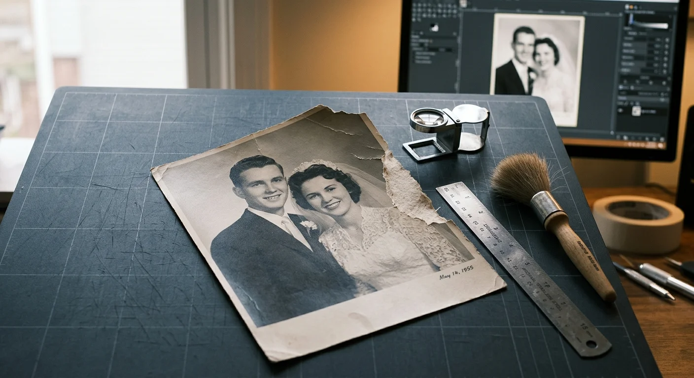 Torn vintage black-and-white wedding photo on a cutting mat with a ruler, loupe, dusting brush, and computer monitor.