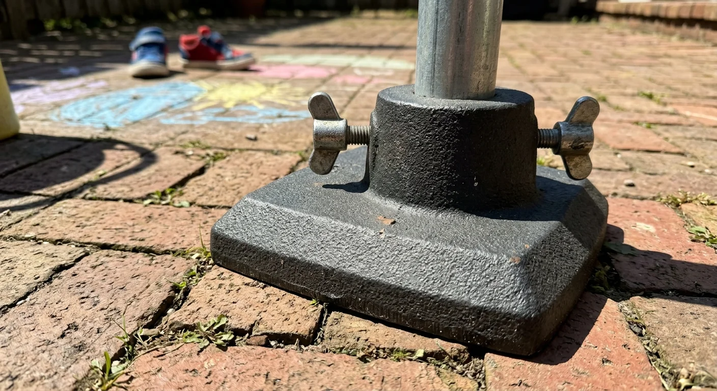 Close-up of a heavy cast-iron square base with wing nuts holding a metal pole on a brick patio with chalk drawings.