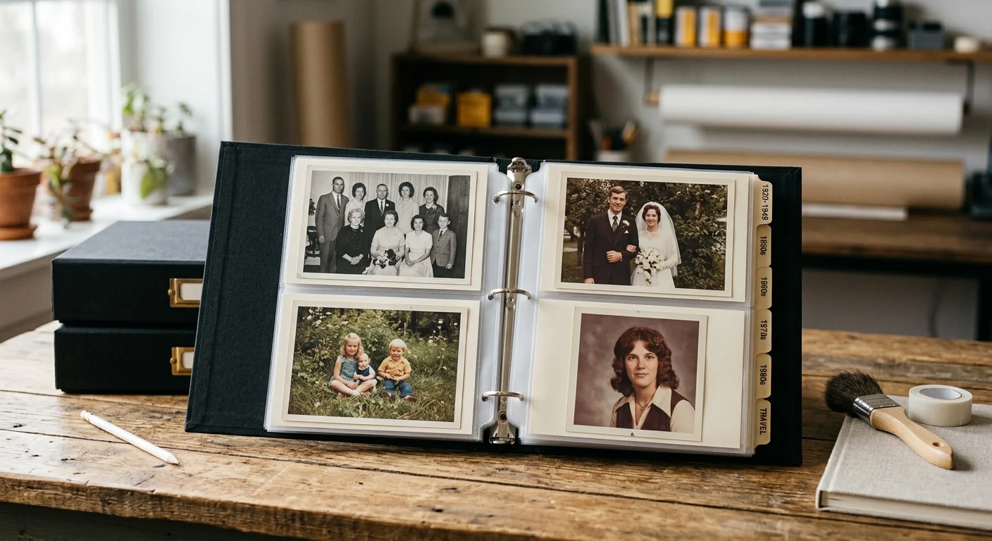 An open black binder displays vintage family photos in clear plastic sleeves on a wooden table beside storage boxes.