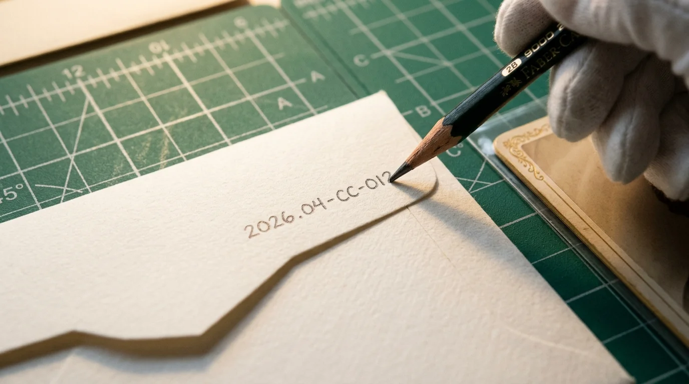 A gloved hand writing a call number with a 2B pencil onto a paper archival envelope on a green cutting mat.
