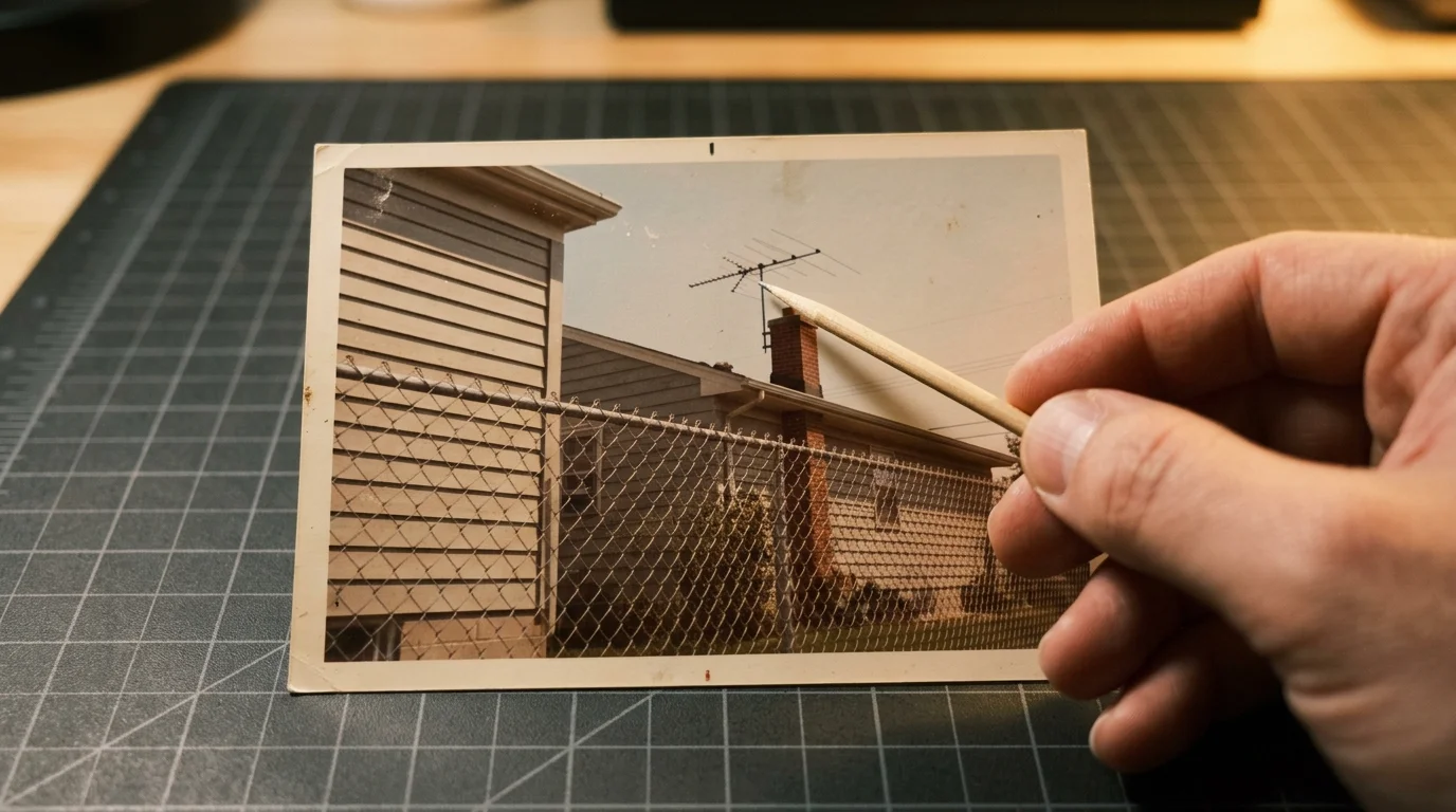 Hand holding a wooden stylus pointing at a rooftop TV antenna on a vintage photo of suburban houses.