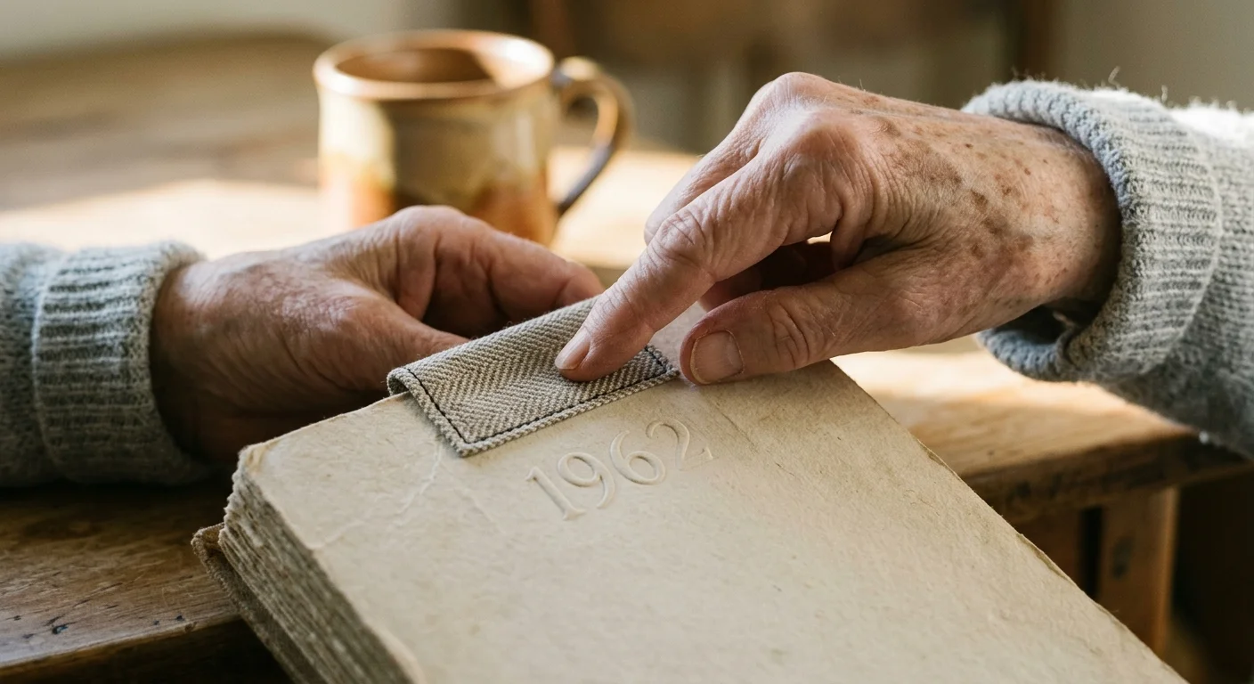 Close-up of an elderly person's hands touching a textured fabric tab on a vintage book embossed with 1962.