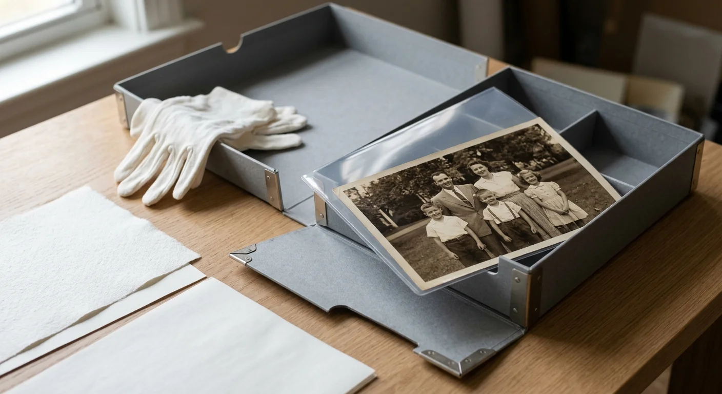 Open archival box on a table holding a vintage family photo in a clear sleeve beside white cotton gloves and paper.
