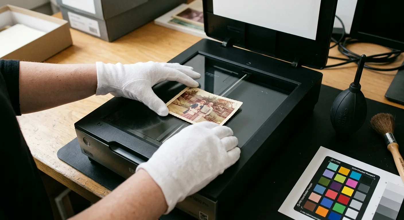 Gloved hands placing an old family photograph onto a flatbed scanner bed beside a color calibration chart.