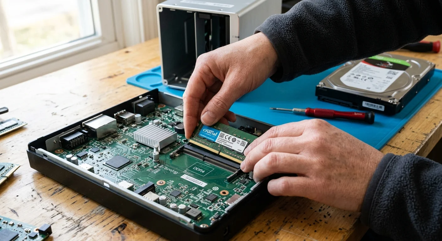Hands installing a DDR4 RAM stick into an open network-attached storage device motherboard on a workbench.