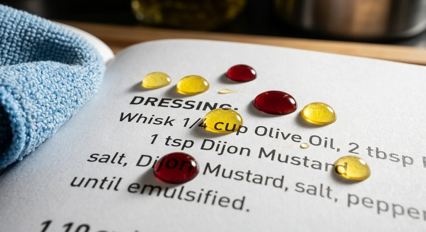 Beaded droplets of yellow oil and red liquid resting on a printed cookbook recipe page next to a blue cloth.