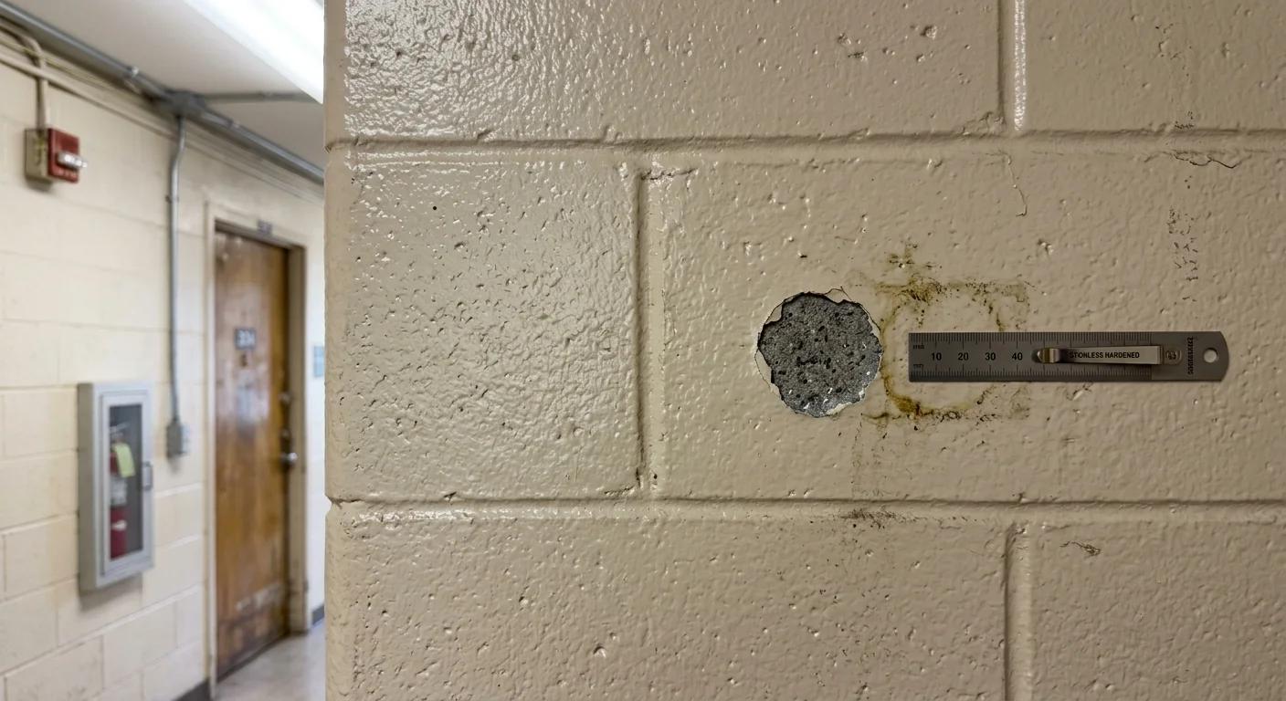 Metal pocket ruler measuring circular peeled paint damage on a glossy beige cinder block wall in a dorm hallway.