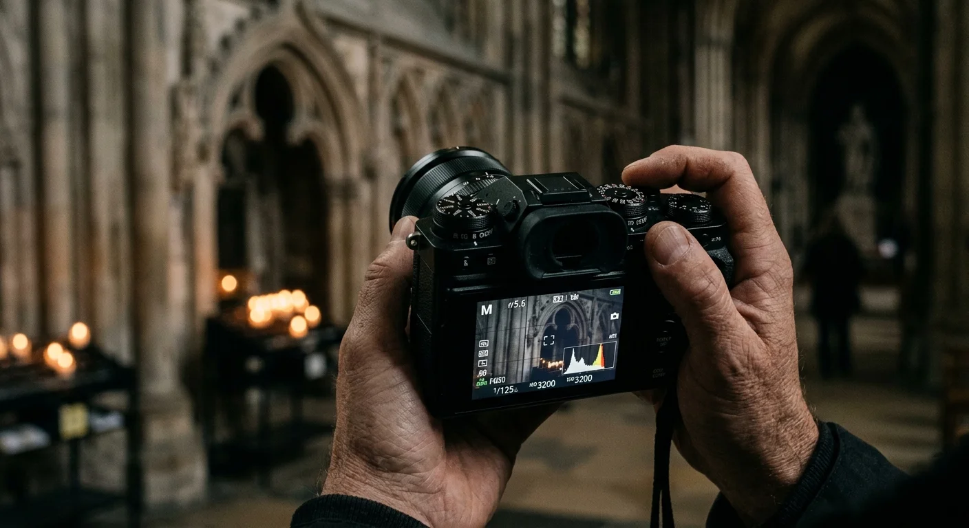 Hands holding a digital camera showing an exposure histogram and church interior on the rear LCD screen.