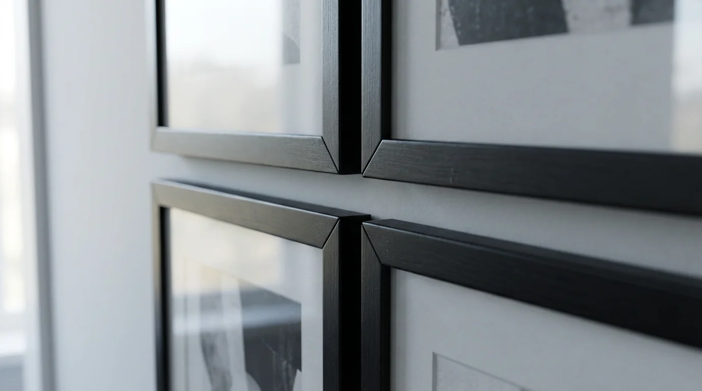 Close-up of the corner where four black picture frames meet in a perfect grid.