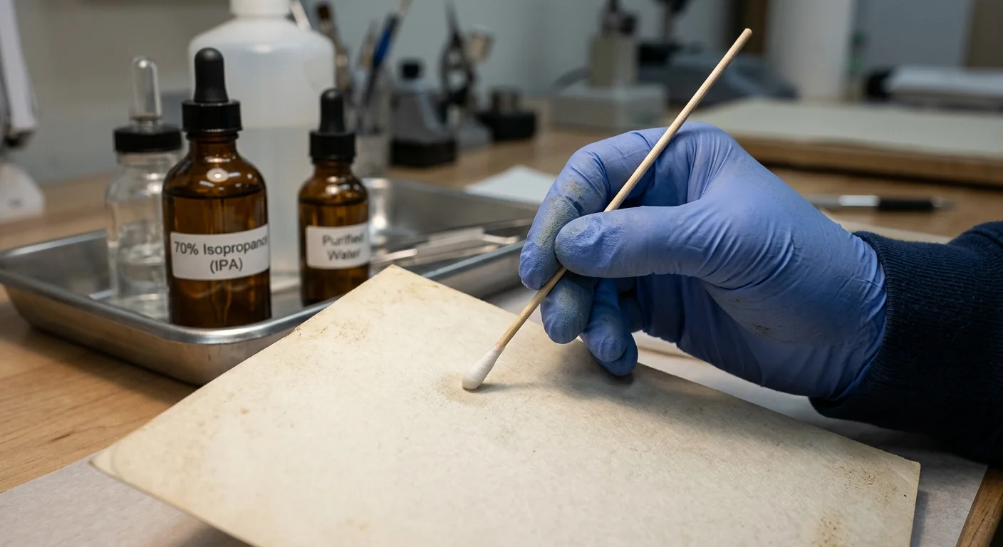 A gloved hand uses a cotton swab on an aged paper print beside amber bottles of isopropanol and purified water.