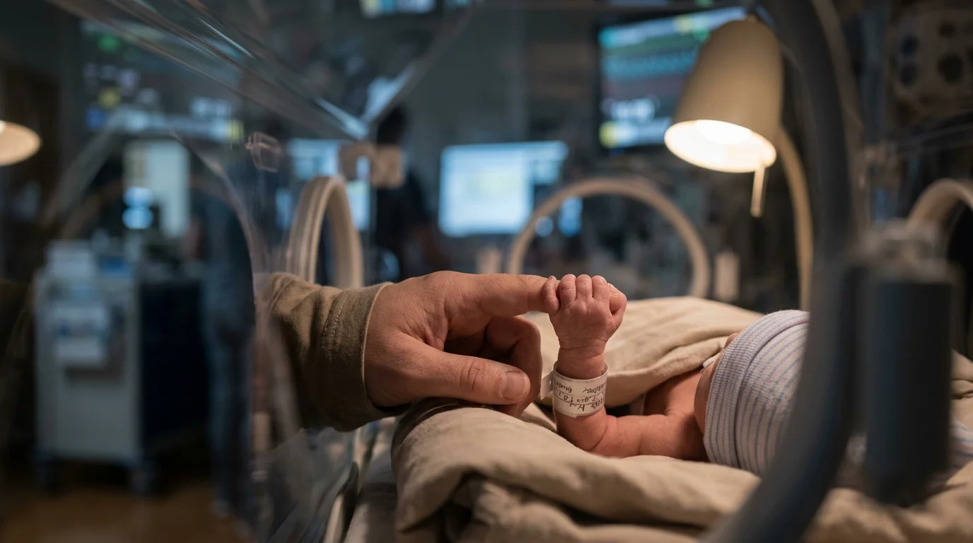 Inside a dimly lit hospital incubator, a premature baby lying under blankets grasps an adult's finger with a tiny hand.