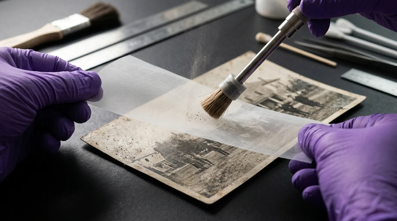 Gloved hands hold fine mesh over an old photograph while gently brushing away dust using a specialized mini vacuum tool.