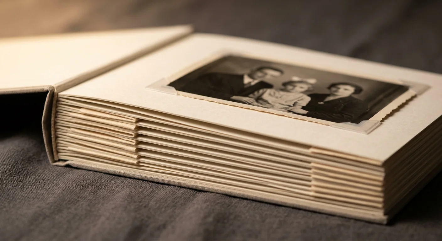 Open scrapbook showing thick paper pages with folded spacer guards and a mounted vintage black-and-white family photo.