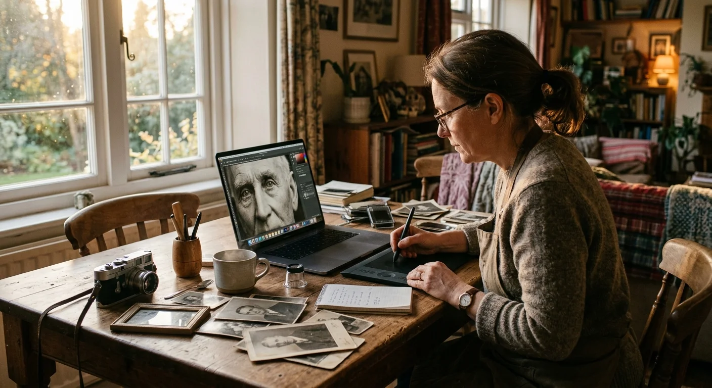 A woman sits at a wooden table retouching a black-and-white portrait on a laptop using a digital drawing tablet and stylus.