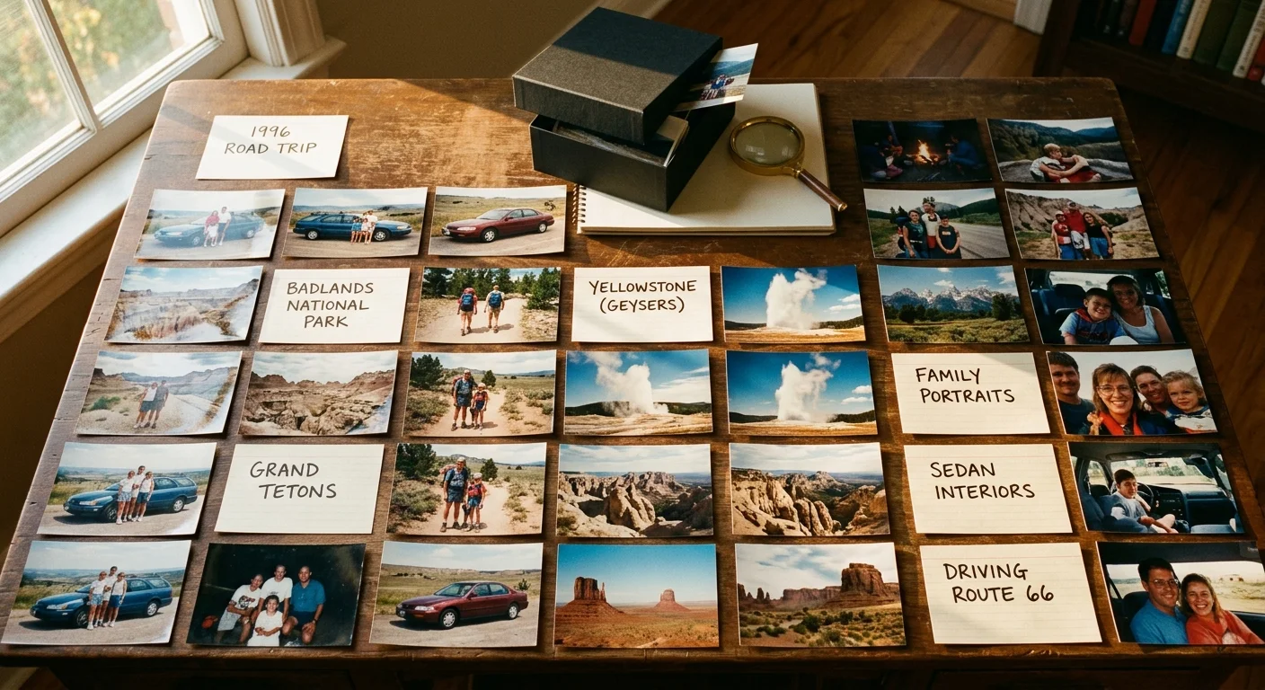 Wooden table covered with 1996 road trip photographs sorted into categories with handwritten index cards, box, and magnifier.