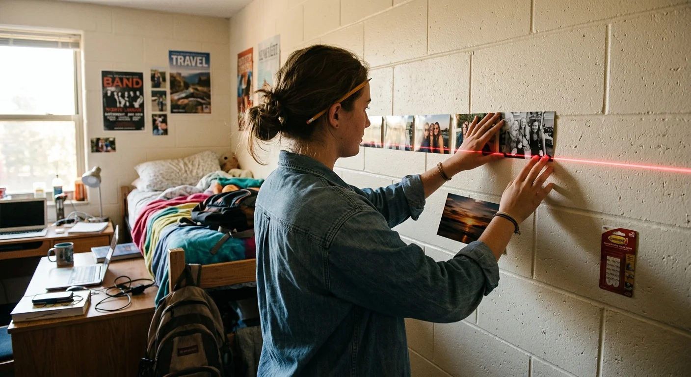 A student aligns small photo prints on a cinder block dorm wall using a straight red laser level line.