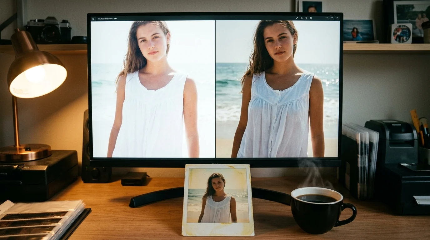 Computer monitor displaying side-by-side restoration of a woman in a white dress, with an instant photo and coffee on the desk.