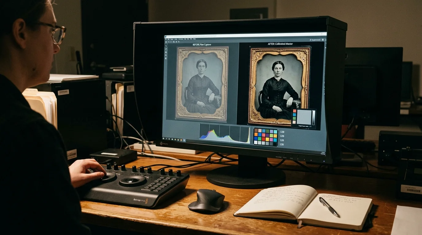A person sits at a desk editing digital tintype scans on a hooded computer monitor beside a control console.