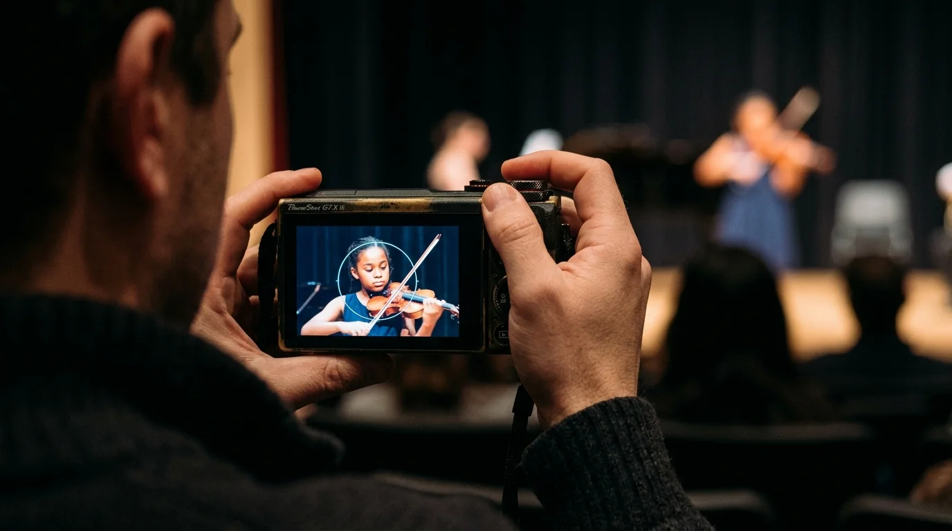 Man holding a camera displaying a violinist on screen, focusing on her face during a recital from the audience.
