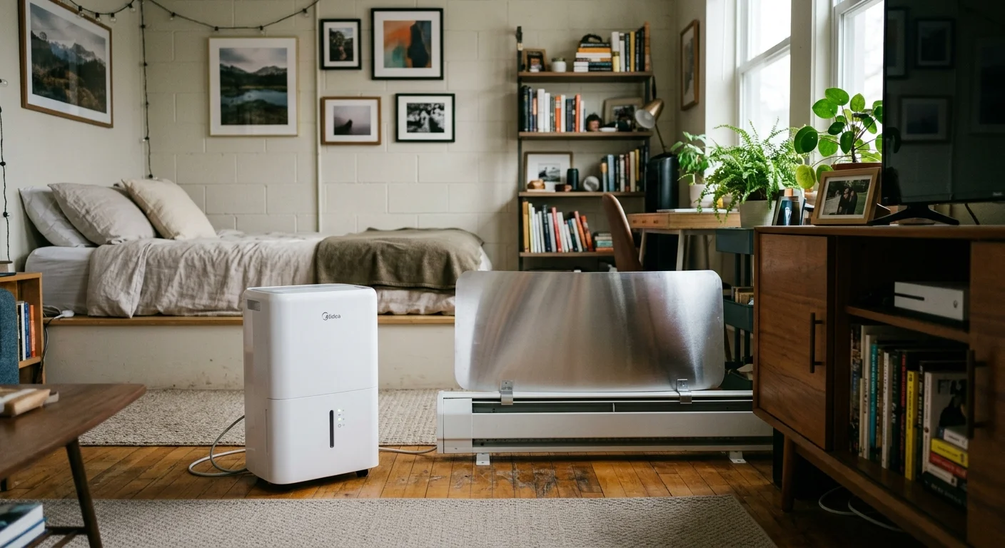 A white portable dehumidifier and a baseboard heater with a metal heat shield in a studio apartment bedroom.