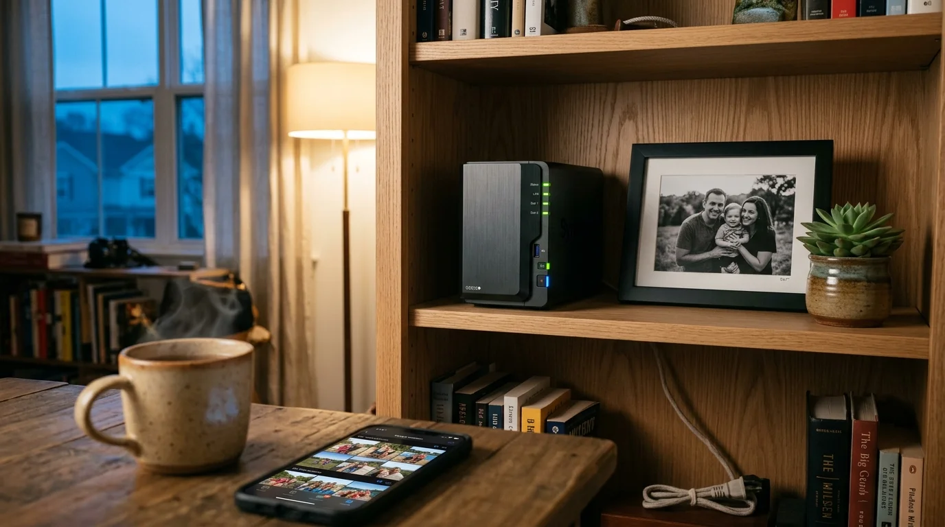 A Synology NAS device sits on a bookshelf next to a framed family photo, with a smartphone displaying pictures in front.