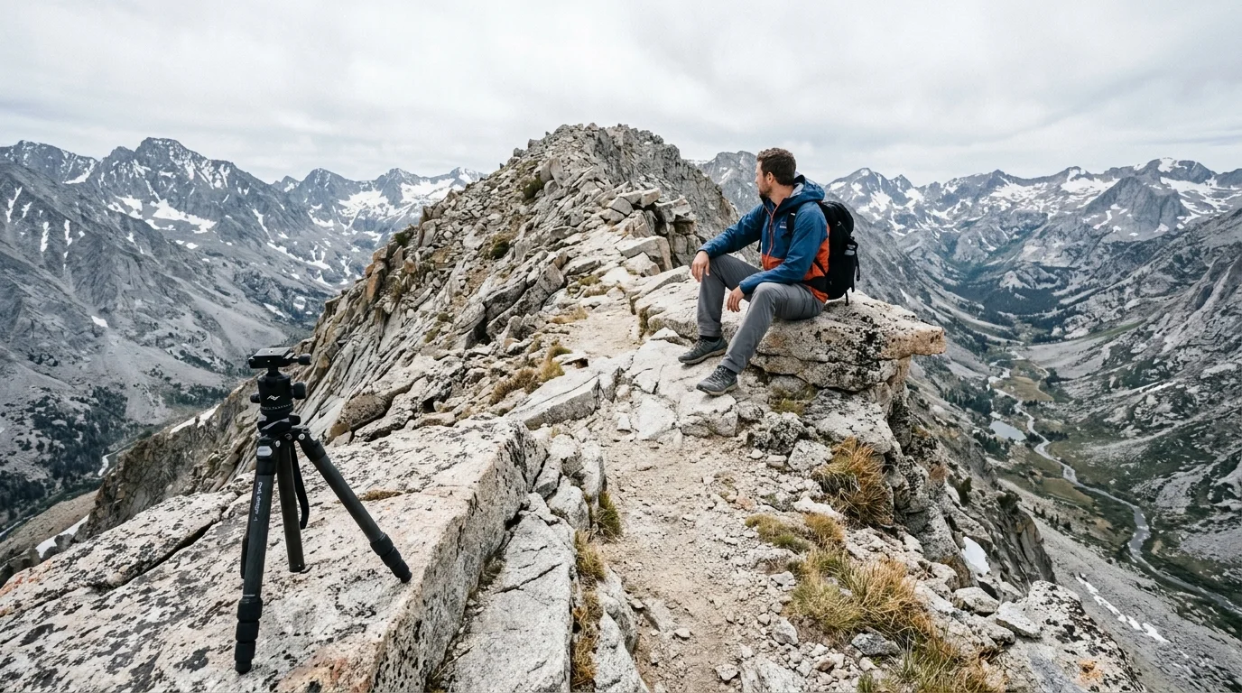 A hiker sits along a rugged rocky mountain ridge near a tripod set up overlooking a vast alpine valley.