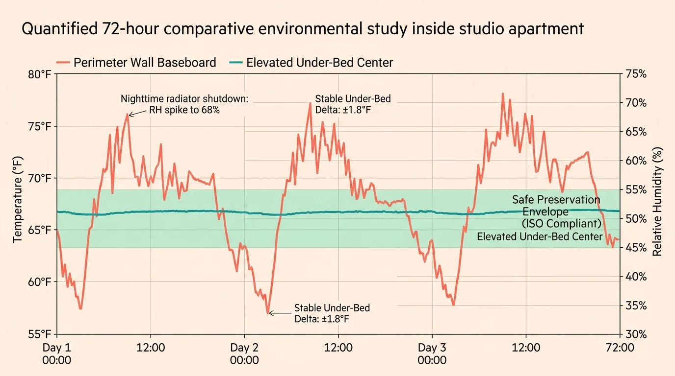Line graph comparing volatile perimeter wall baseboard readings to steady elevated under-bed center conditions over 72 hours.