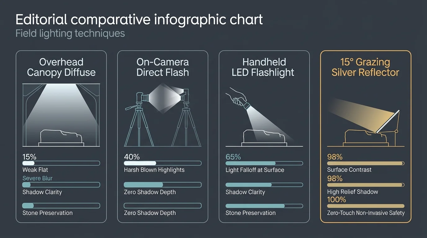 Diagram comparing four field lighting techniques on gravestones, highlighting a 15-degree grazing silver reflector setup.