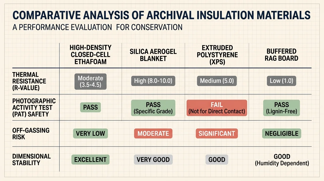 Table comparing four insulation materials across thermal resistance, PAT safety, off-gassing risk, and dimensional stability.