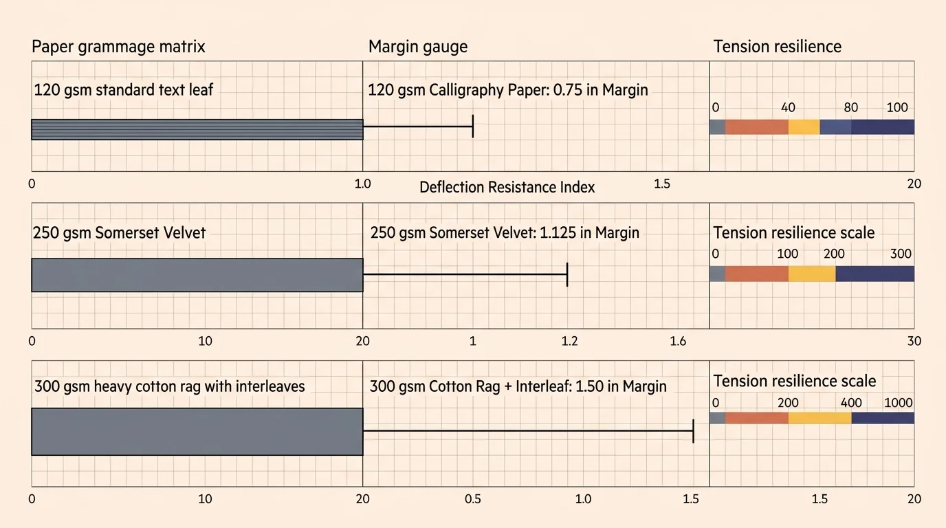 Diagram comparing paper grammage matrix, margin gauge, and tension resilience across three different paper weights.