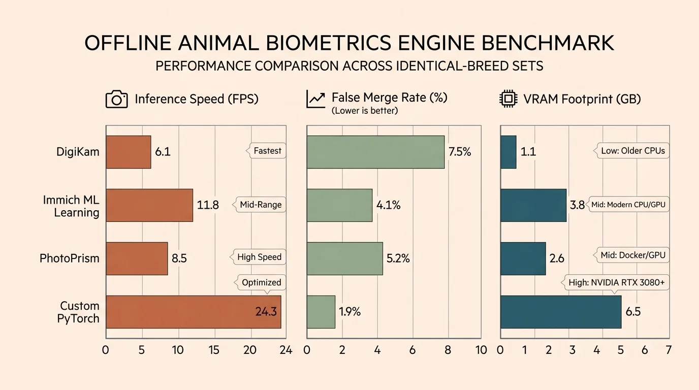 Bar charts comparing DigiKam, Immich, PhotoPrism, and PyTorch across inference speed, false merge rate, and VRAM footprint.