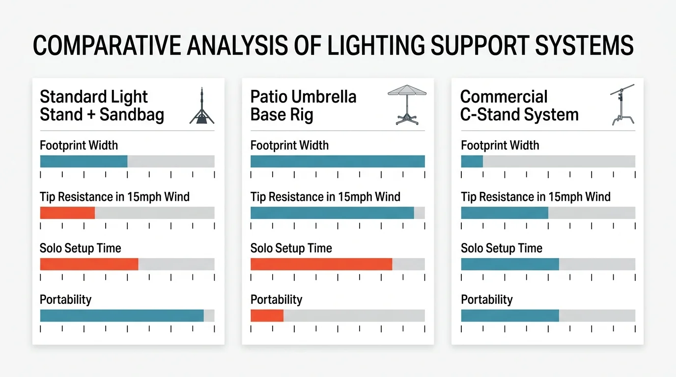 Comparative analysis chart rating three lighting support systems across footprint width, tip resistance, setup time, and portability.