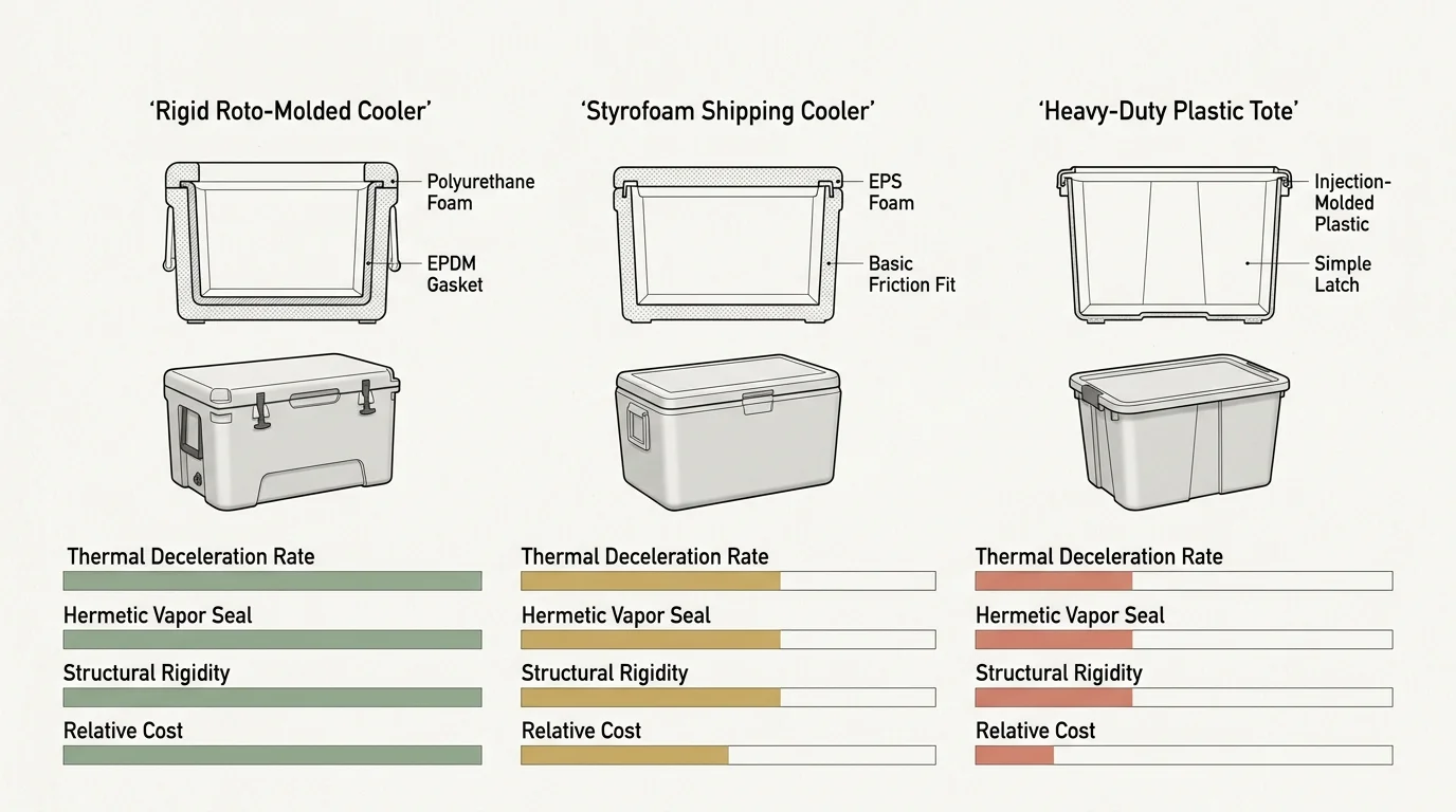 Diagram comparing cross-sections, features, and performance ratings of a roto-molded cooler, foam cooler, and plastic tote.