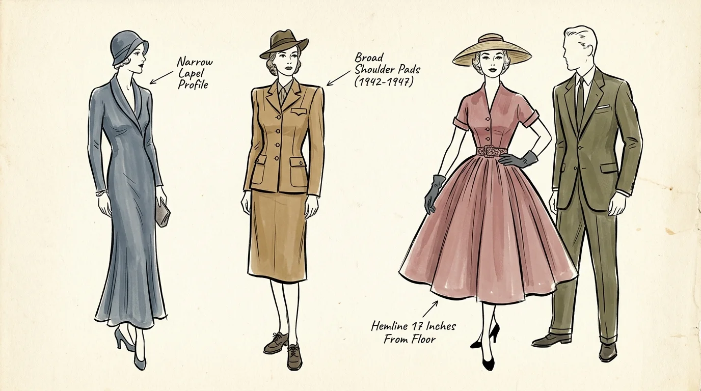 Fashion illustration showing four vintage outfits with annotations pointing out lapels, shoulder pads, and hemline length.