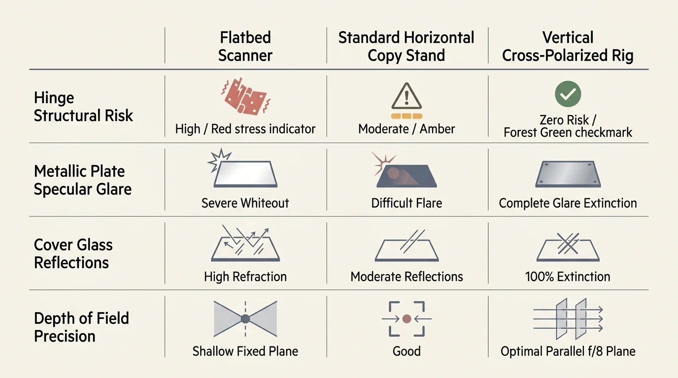 Comparison table rating flatbed scanner, copy stand, and vertical cross-polarized rig across hinge risk, glare, and focus.