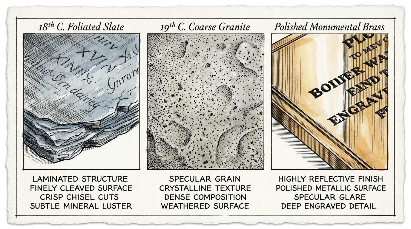 Three panels illustrating textures and properties of 18th-century slate, 19th-century granite, and polished monumental brass.