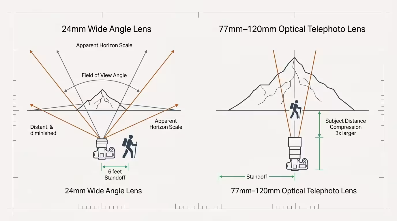 Diagram comparing a 24mm wide angle lens rendering a small distant mountain against a 77mm-120mm telephoto lens compressing it larger.