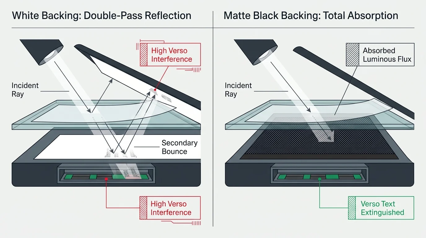 Diagram comparing light reflection pathways between a scanner with white backing versus matte black backing.