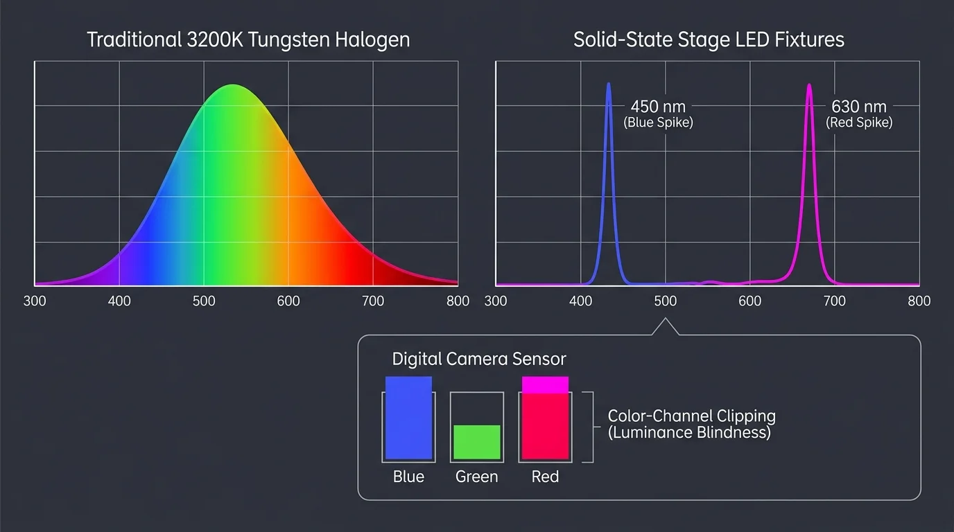 Spectral graphs comparing continuous 3200K tungsten halogen light to LED spikes at 450 nm and 630 nm causing sensor clipping.