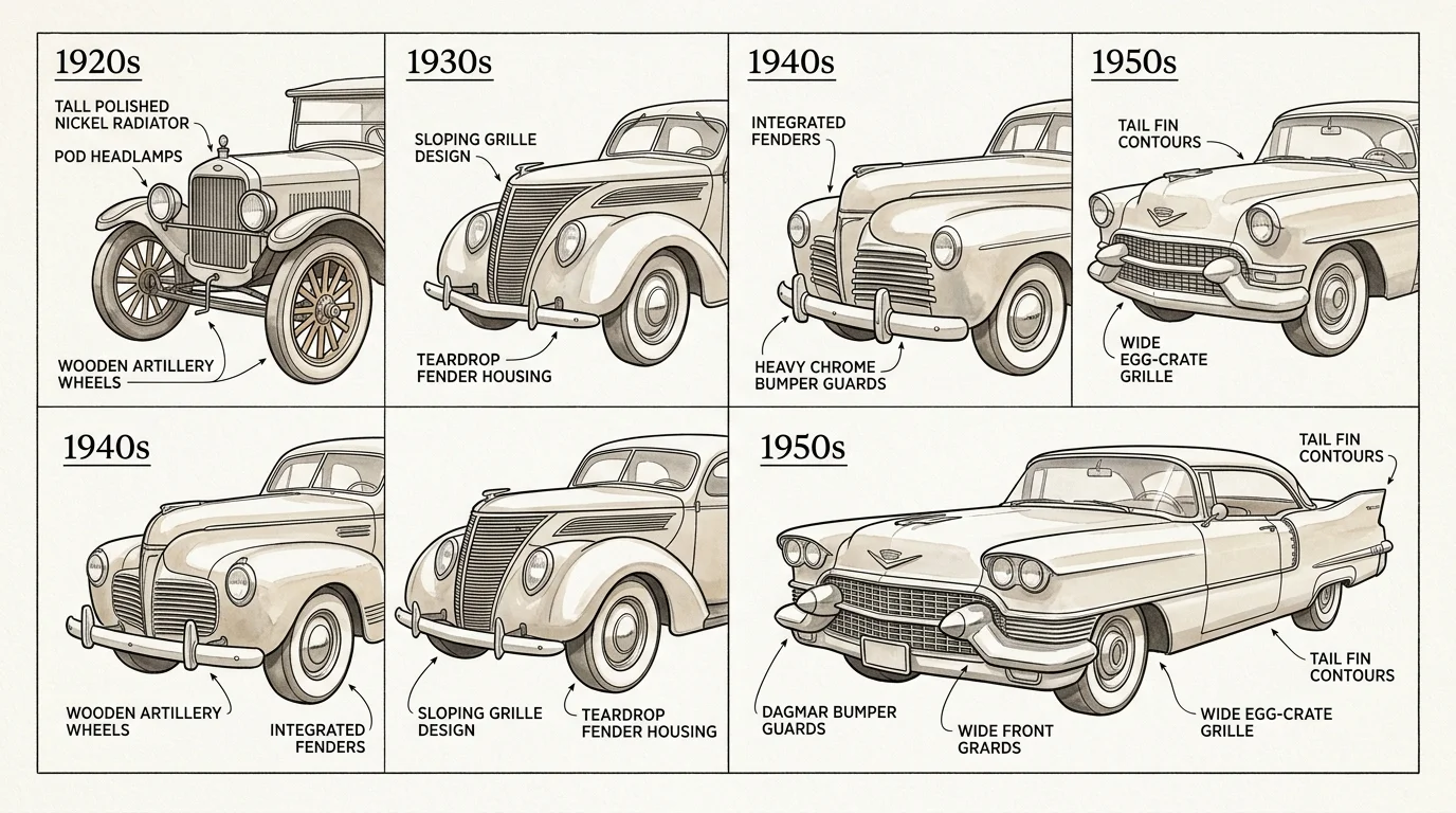Illustrated guide comparing car features from the 1920s to 1950s, detailing grilles, headlights, and tail fins.