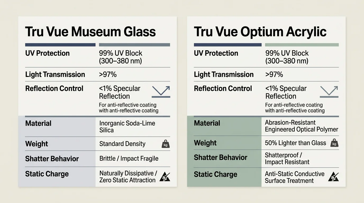 Side-by-side tables comparing specifications of Tru Vue Museum Glass and Tru Vue Optium Acrylic across optical metrics.